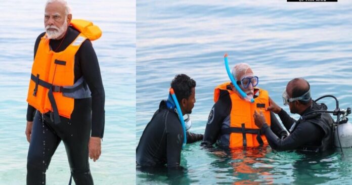 प्रधानमंत्री नरेंद्र मोदी ने लक्षद्वीप में लगाई डुबकी, किया तस्वीरें शेयर