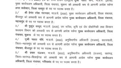 CG IAS Transfer : छत्तीसगढ़ में बड़ा प्रशासनिक फेरबदल, 5 अधिकारियों का तबादला