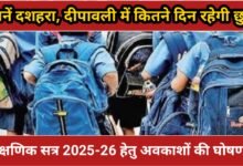 CG school holiday : शैक्षणिक सत्र 2025-26 हेतु अवकाशों की घोषणा, दशहरा, दीपावली सहित 64 दिन रहेगी छुट्टियां